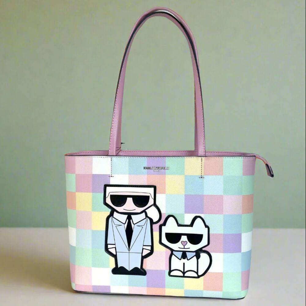 Karl Lagerfeld Maybelle Medium Tote Pink Karl Ikons Cat Checker Zip Bag